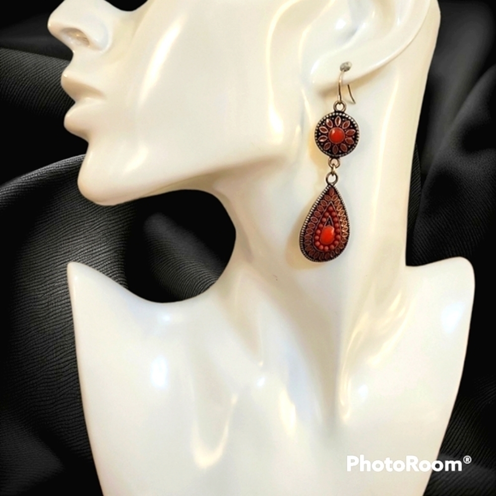 3/$30 Mi AMORE Orange Enamel Aztec Teardrop Dangle Hook Earrings